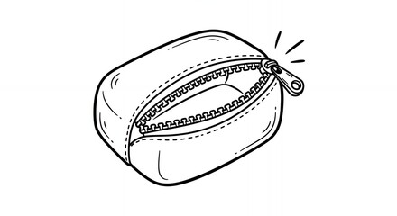 White Cosmetic Bag with Zipper Opening in Black Outline on White Background Simple Design Perfect for Adobe Stock Illustration