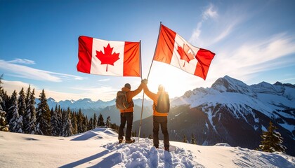 Patriotic adventurers on a snow-covered summit, raising Canadian flags in triumph against the bright morning sun.