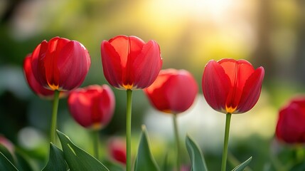 Red tulips bloom in a garden with sunlight shining through the background.