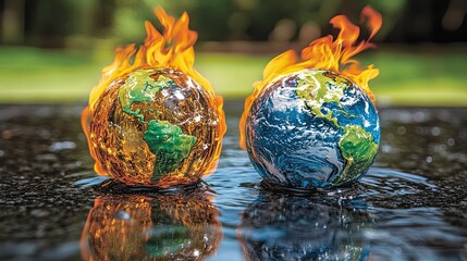Two Earth globes, one engulfed in flames, representing the climate change crisis