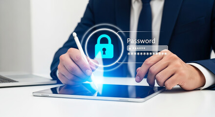 A man entering a password on a tablet with a stylus and a padlock security graphic overlaying it