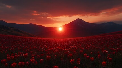 Red sunset over a field of flowers with mountains in the background.