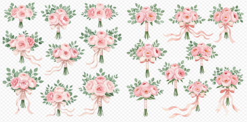 A beautiful collection of watercolor wedding bouquets featuring pink roses, green foliage, and delicate ribbons.