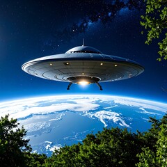 Obraz premium UFO over Earth's forested landscape