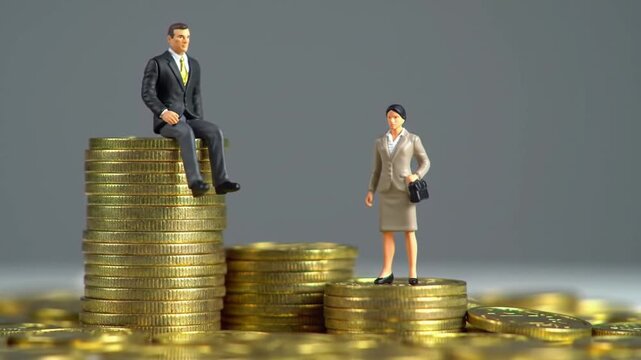 Miniature Businessman Sits Atop Higher Coin Stack Facing Businesswoman In Suit