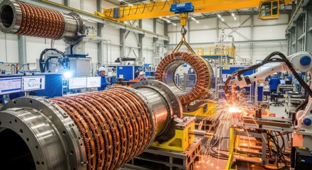 Fusion reactor coil winding workshop featuring advanced tooling and overhead cranes used to handle heavy superconducting magnet coils safely.