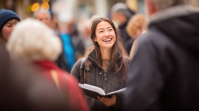 Medium shot capturing a smiling choir member holding a songbook engaging with nearby listeners in a vibrant community sidewalk performance with blurred crowd and street details.