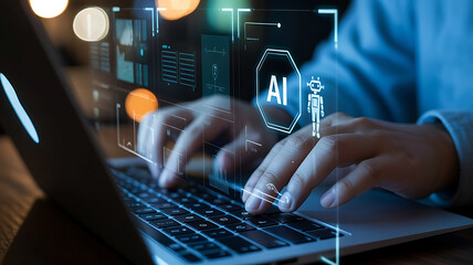 Close up of hands typing on a laptop with futuristic ai technology overlay and blurred city lights background