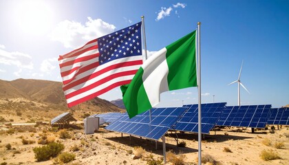 American and Nigerian flags wave over a solar farm, symbolizing a partnership in green energy and sustainable development.