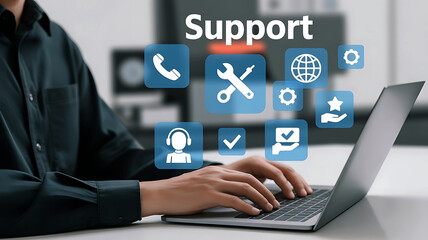 Customer service representative using a laptop with digital icons representing support and assistance services