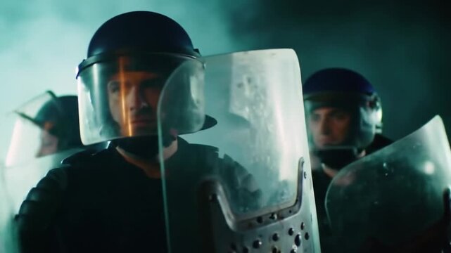 Riot Police in Dark Uniforms with Shields and Helmets Protecting Public Order on Street
