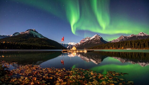 Spectacular Aurora Borealis illuminating a serene mountain lake and boathouse in the Canadian Rockies at night. - Powered by Adobe