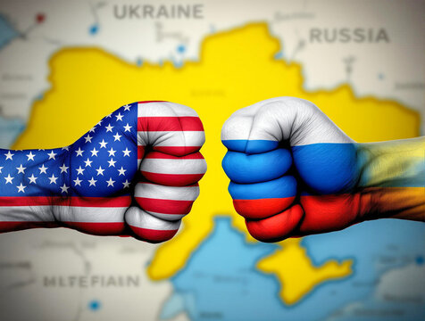US and Russian flags painted on two clenched fists facing each other against a map of Ukraine. Concept of tense relations between the US and Russia.