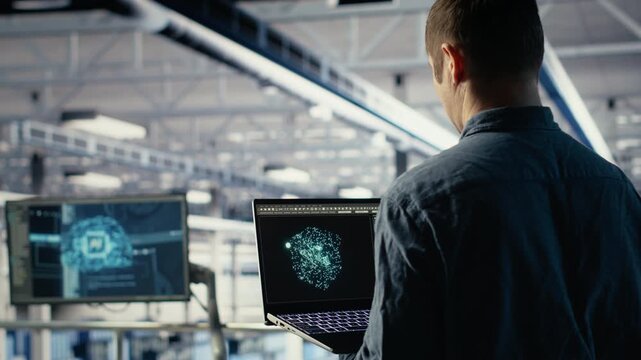 Data center admin using AI LLM chatbot suggestions to improve rigs processing speed and efficiency. Server hub worker using large language model to support artificial intelligence workloads, camera B