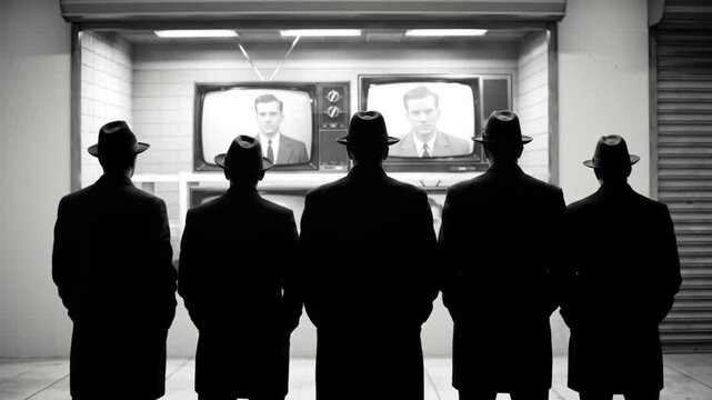Silhouetted Men in Hats Watching Vintage Televisions in Monochrome with Surveillance Theme