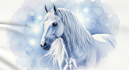 Majestic white horse with flowing mane, rendered in a soft, ethereal watercolor style with sparkling light effects.