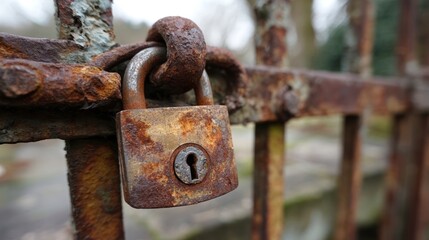 Rusty padlock on weathered gate