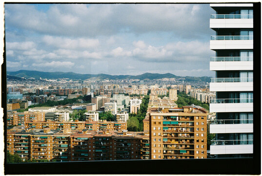 Film cityscape captured from a balcony in Barcelona, Spain