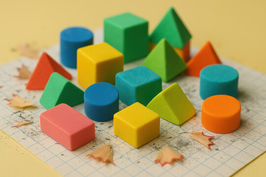 Colorful geometric shapes for children's early education and learning, arranged on graph paper with pencil shavings, playful scene - Powered by Adobe