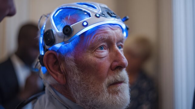 Medium shot capturing illuminated photobiomodulation helmet fitted securely on senior participant helmet details crisp emphasizing innovative brain therapy to enhance cerebral