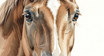 A beautiful watercolor portrait of a brown horse, focusing on its gentle and soulful eyes.