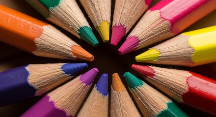 Naklejka premium Creative unity showcased by a radial arrangement of multi-colored pencils for art and education.