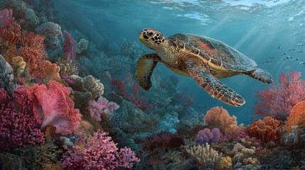 Fototapeta premium Sea turtle in vibrant coral reef