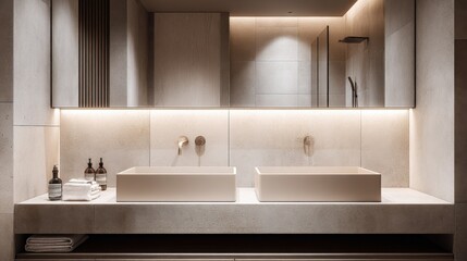 Fototapeta premium Modern Bathroom Interior with Double Sink, Neutral Tones, and Minimalist Design for Real Estate Marketing