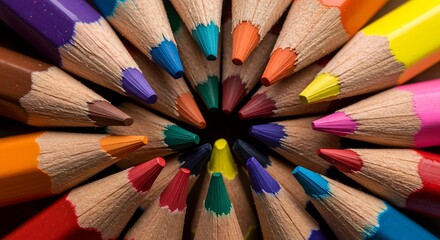 A vibrant circular pattern of sharpened colored pencils arranged in a radial design, symbolizing creativity and artistic expression.