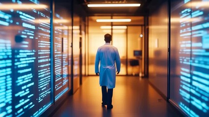Innovating healthcare future doctor walks through digital corridor of technology - Powered by Adobe