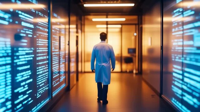 Innovating healthcare future doctor walks through digital corridor of technology