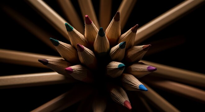 A vibrant starburst of sharpened colored pencils, symbolizing artistic potential, creative learning, and the precise joy of drawing and design, inspiring imagination.