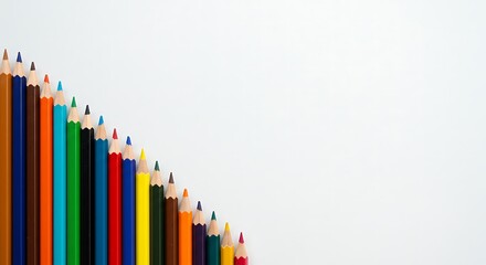 Fototapeta premium A vibrant diagonal row of assorted colored pencils lined up on a clean white background, symbolizing creativity, education, and artistic expression