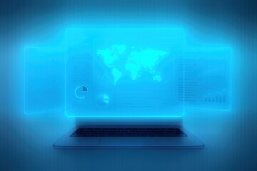 Global Network Data Visualization: Holographic Interface Displaying World Map and Analytics on Digital Screens