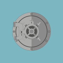 Fototapeta premium Illustration of a round metal vault door against a light blue background.