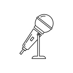 Line art illustration of a microphone on a stand against a white background.