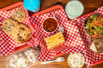 Diner food flat lay composition