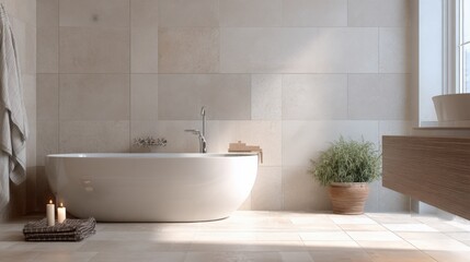 Fototapeta premium Modern Bathroom Interior with Freestanding Bathtub, Neutral Tones, and Natural Light for Relaxation and Spa-like Ambiance