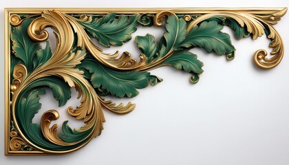 baroque style ornamental corner with royal green and gold acanthus leaves elegant vintage floral design intricate scrollwork and decorative classical embellishment