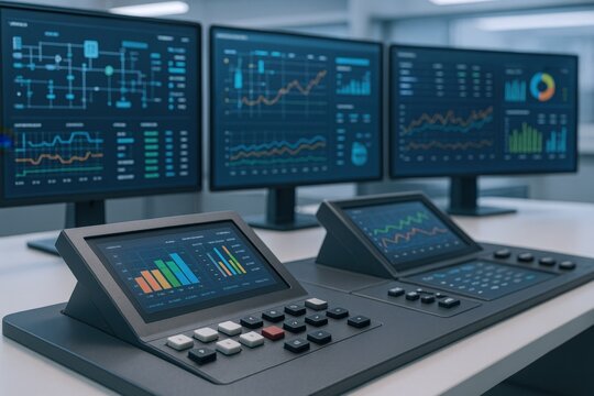 Monitoring financial graphs displayed on multiple monitors, data analytics in a modern trading room setting