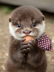Fototapeta premium Adorable Baby Otter Close-up Portrait with Cute Neck Accessory and Expressive Eyes Holding Food
