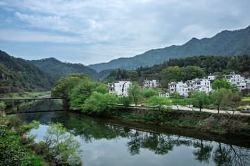 Fototapeta premium mountain landscape with lake and bridge