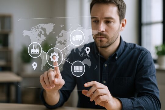 Man Interacting with Digital Supply Chain Interface Visualizing Global Logistics and Manufacturing Networks for Business Optimization