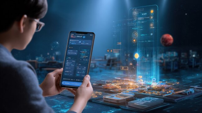 Analyzing Financial Data on a Smartphone with Advanced Tech Interface and Futuristic Elements