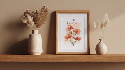 Floral Watercolor Art Print Mockup with Vases, Neutral Wall Decor, Interior Design, Product Display