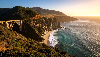 Scenic coastal bridge at sunset
