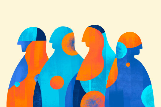 Abstract figures in vibrant colors standing in a row