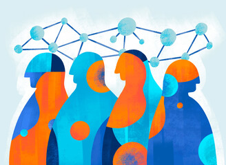 Figures representing collaboration and innovation in modern society