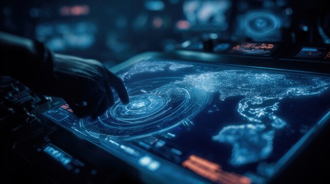 Futuristic Control Panel Displaying Global Weather Patterns and Data Analysis for Strategic Decision-Making