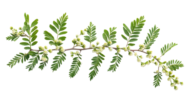 Mimosa branch, flowers and leaves, Acacia dealbata, isolated on white background
